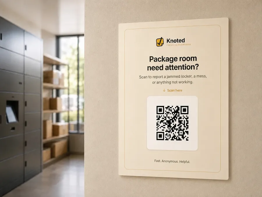 Knoted QR sign in a package room for reporting jammed lockers or messes