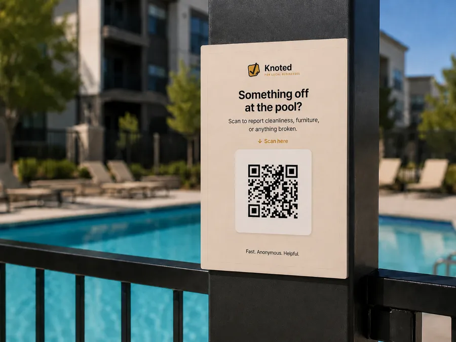 Knoted QR sign at an apartment pool asking residents to report cleanliness or broken furniture