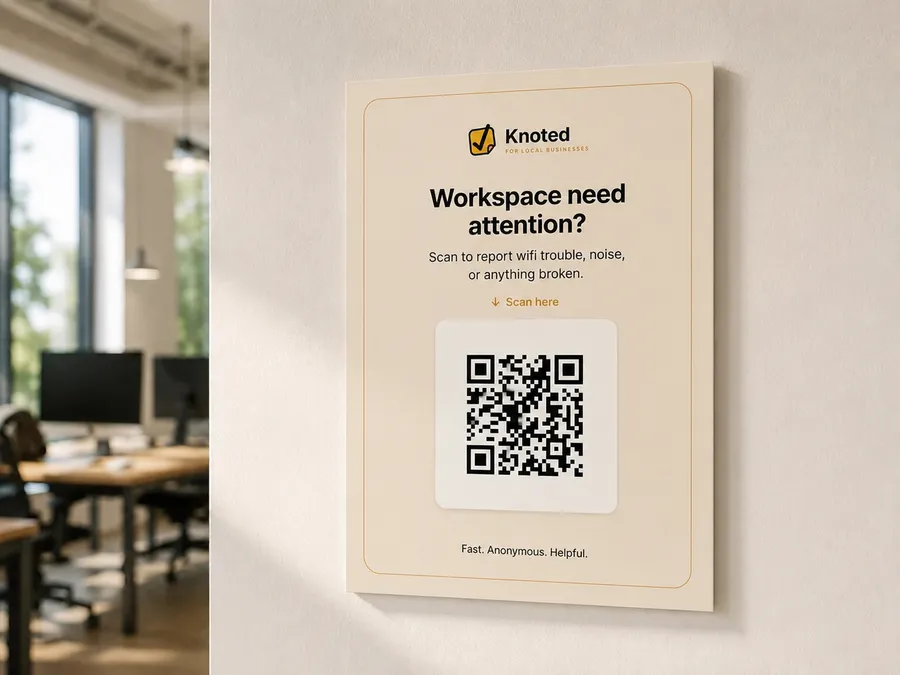 Knoted QR sign in an apartment coworking space for reporting wifi trouble or broken equipment