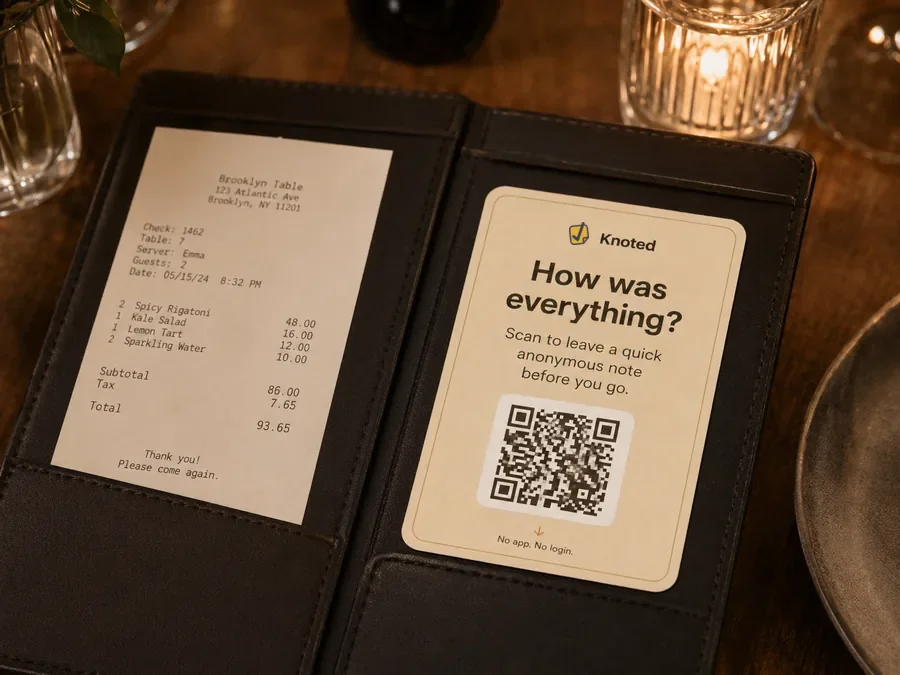 QR suggestion card presented with the bill at a restaurant