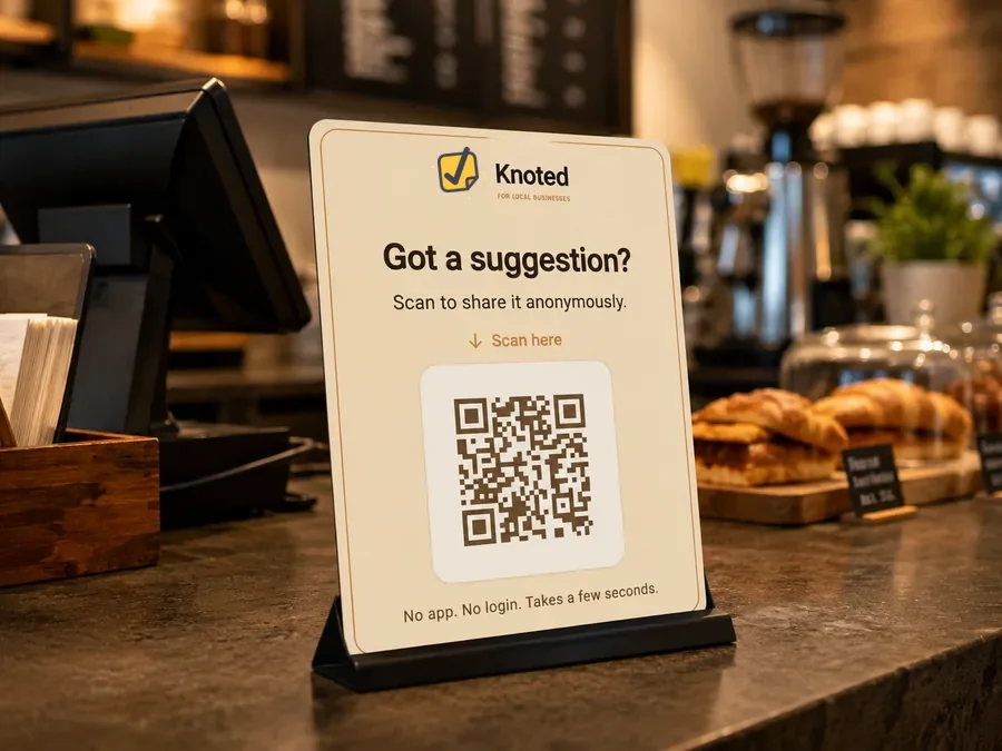QR suggestion sign at a cafe register counter