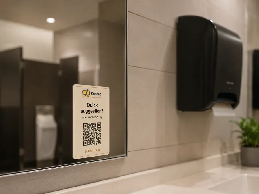 Compact QR sticker on a restroom mirror