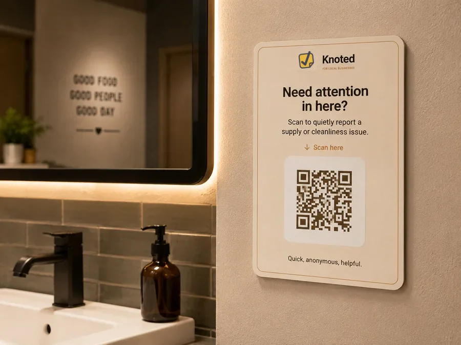 Bathroom QR sign for reporting supplies and maintenance issues